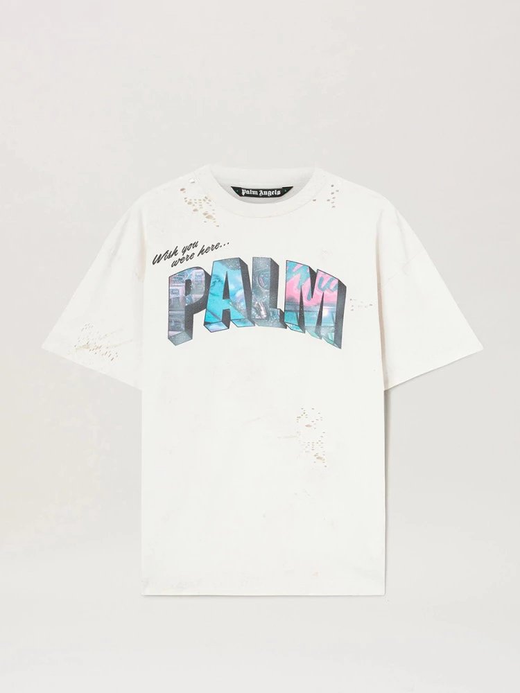 Palm Angels T-shirt Top Version Men's and Women's Same Style White Cotton Retro Style Printed round Neck T T-shirt