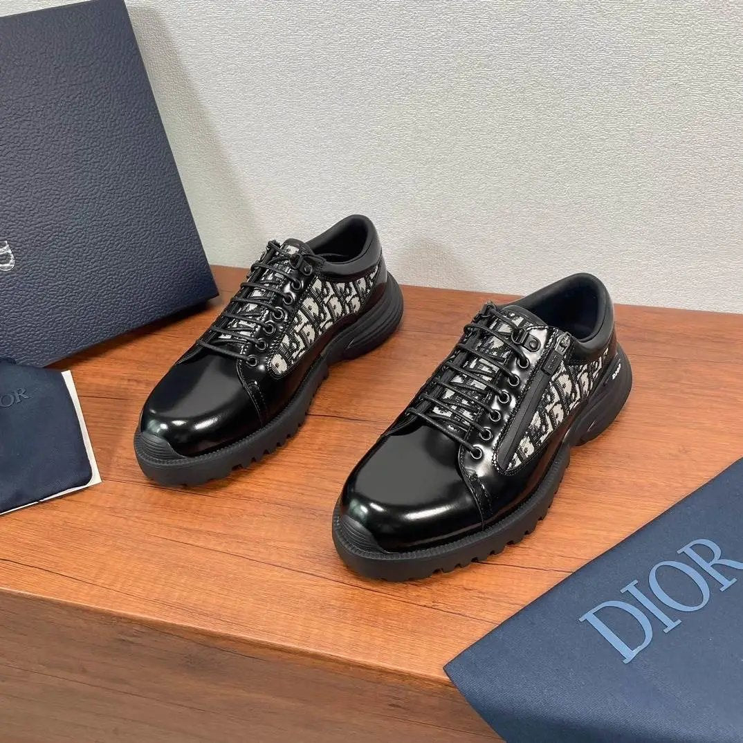 Dior Shoes Men's Business Casual Leather Shoes Jacquard Letters logo Low-Top Lace-up Platform Derby Men's Shoes