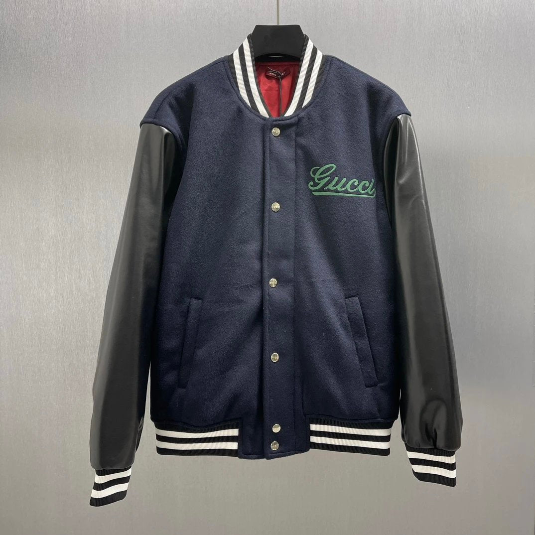 Gucci Jackets Wool and Leather Baseball Jacket Casual Loose Stand Collar Sportswear Coat Unisex24ss Autumn and Winter New Products