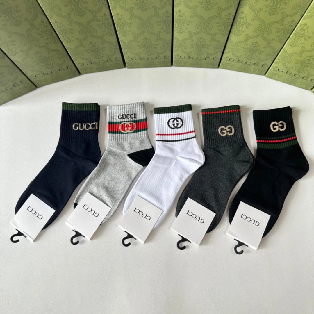 Gucci Sock 【a Box5Double】Classic Letters logo Pure Cotton Mid-Calf Slouch Socks Breathable Fashionable25ss New Cotton Socks Spring Summer Autumn Sports Casual Versatile Business Thin Deodorant Sweat-Absorbing