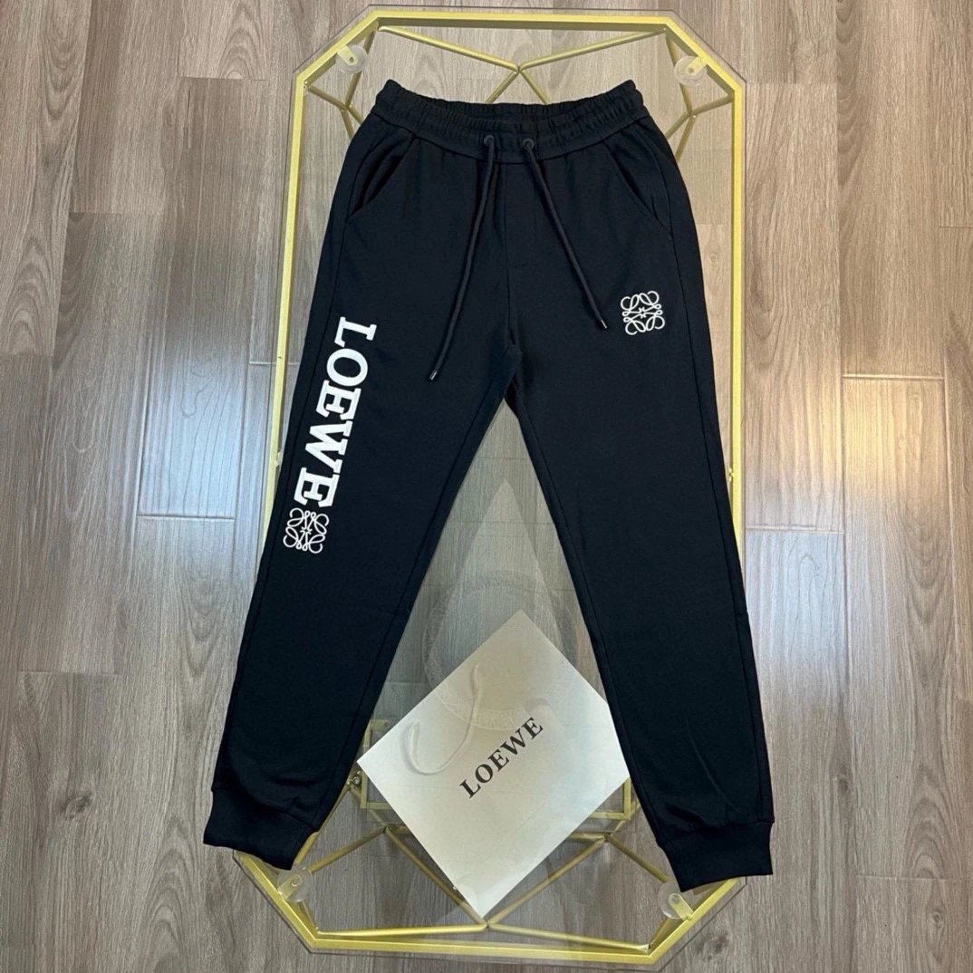 LOEWE Sweatpants Embroidery logo Drawstring Jogger Sweatpants for Men and Women, Autumn and Winter Loose Fit, High Waist, Color Block, Plus Size, Casual Pants