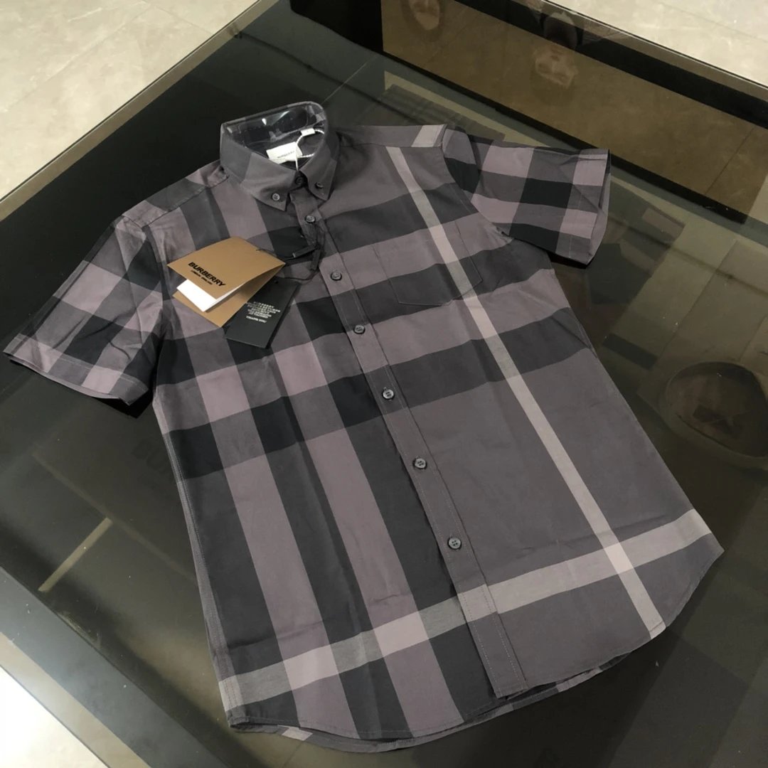 Burberry Shirt Short Sleeve Shirt25ss New Solid Color Vintage Plaid Striped Cotton Patchwork Striped Unisex Jacket Shirt Casual Business Versatile