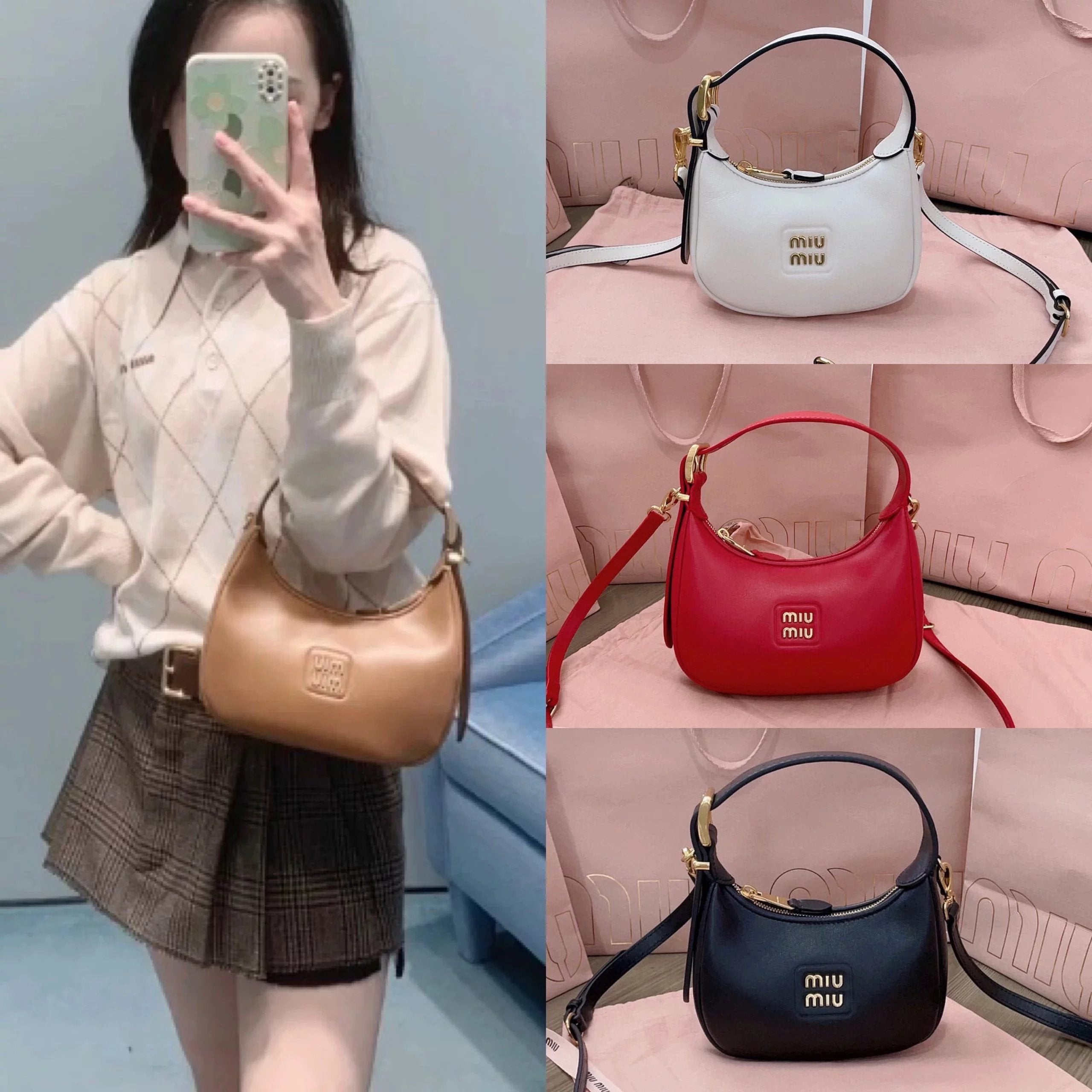 Miu Miu Bag Top version New Model Style hobo Bag Imported Calfskin Glossy Leather Handbag Mini Handbag Shoulder Bag Messenger Bag Women's Bag5BC161