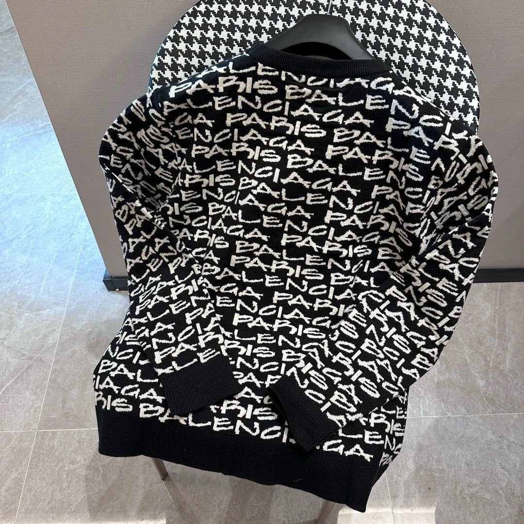 Balenciaga Sweater Full Print Jacquard Crew Neck Sweater Coat Unisex Long Sleeve Soft Lazy Style OS Loose Fit Thickened Versatile Casual Wear for Both Inner and Outer Layering