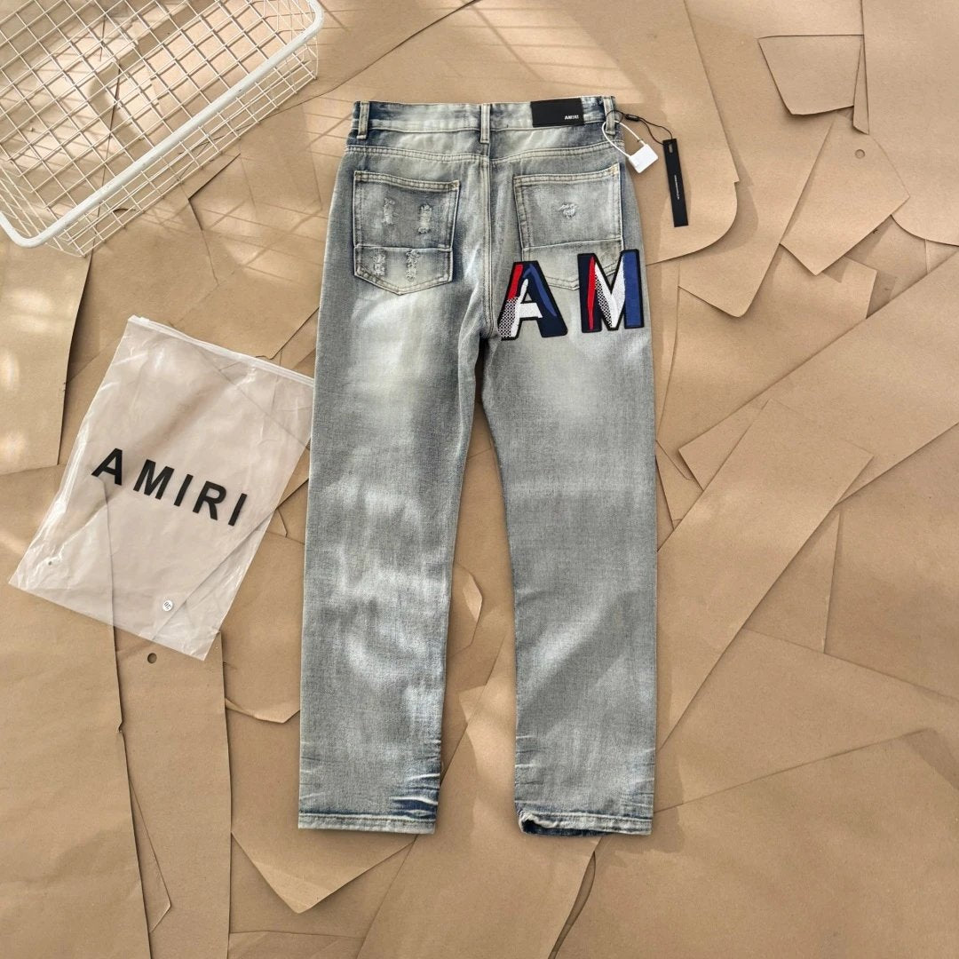 Amiri Jeans Front and Back Color-Block Letter Patch Embroidery logo25ss Spring Summer New Straight Loose Jeans Unisex Slim Fit Long Pants