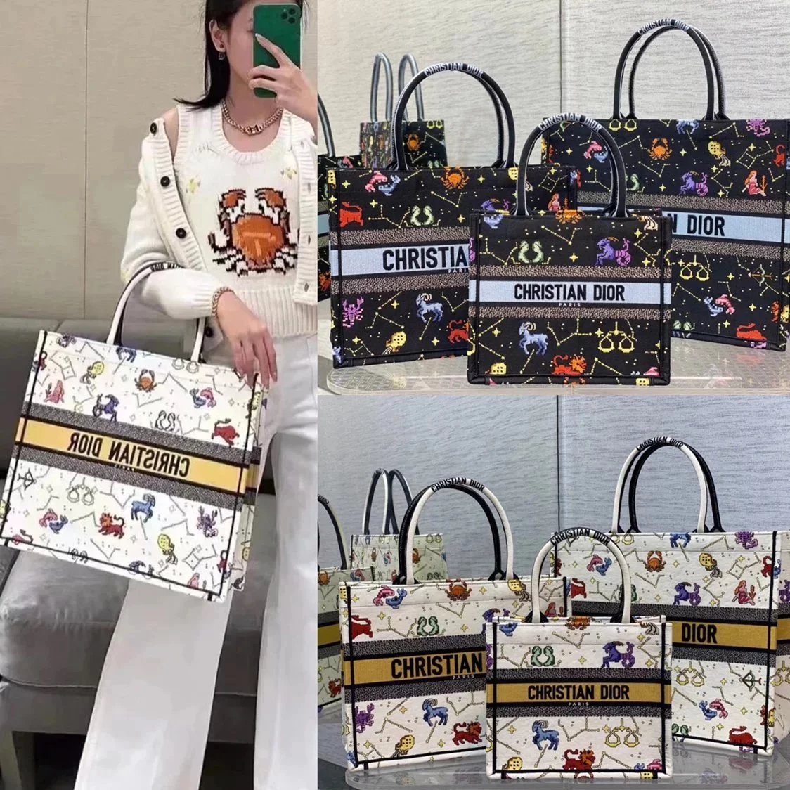 Dior Women's Bag Top version 【Original Leather】2022Valentine's Day Limited BookTote Bag Shopping Bag Handbag Tote Bag Mummy Bag Large Capacity Bag Twelve Constellation Embroidered Printed Pattern Large Size41cm Medium36cm Small Size26cm