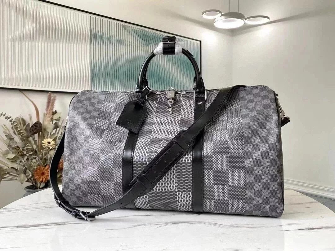 Louis Vuitton LV Travel Bag Top version 【Level Surrogate Shopping】M50016KeepallBandouliere50Travel Bag Black and Gray Grid Men's Portable Shoulder Messenger Bag Luggage Bag Travel Bag Luggage Bag