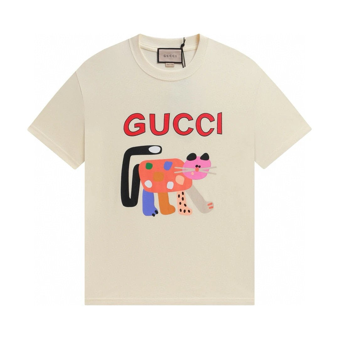 Gucci T-shirt Cartoon Cat Print on the Chest logo round Neck Short Sleeve25ss New pure cotton T Unisex T-Shirt OS Loose Fit Base Shirt Top Half Sleeve T-Shirt