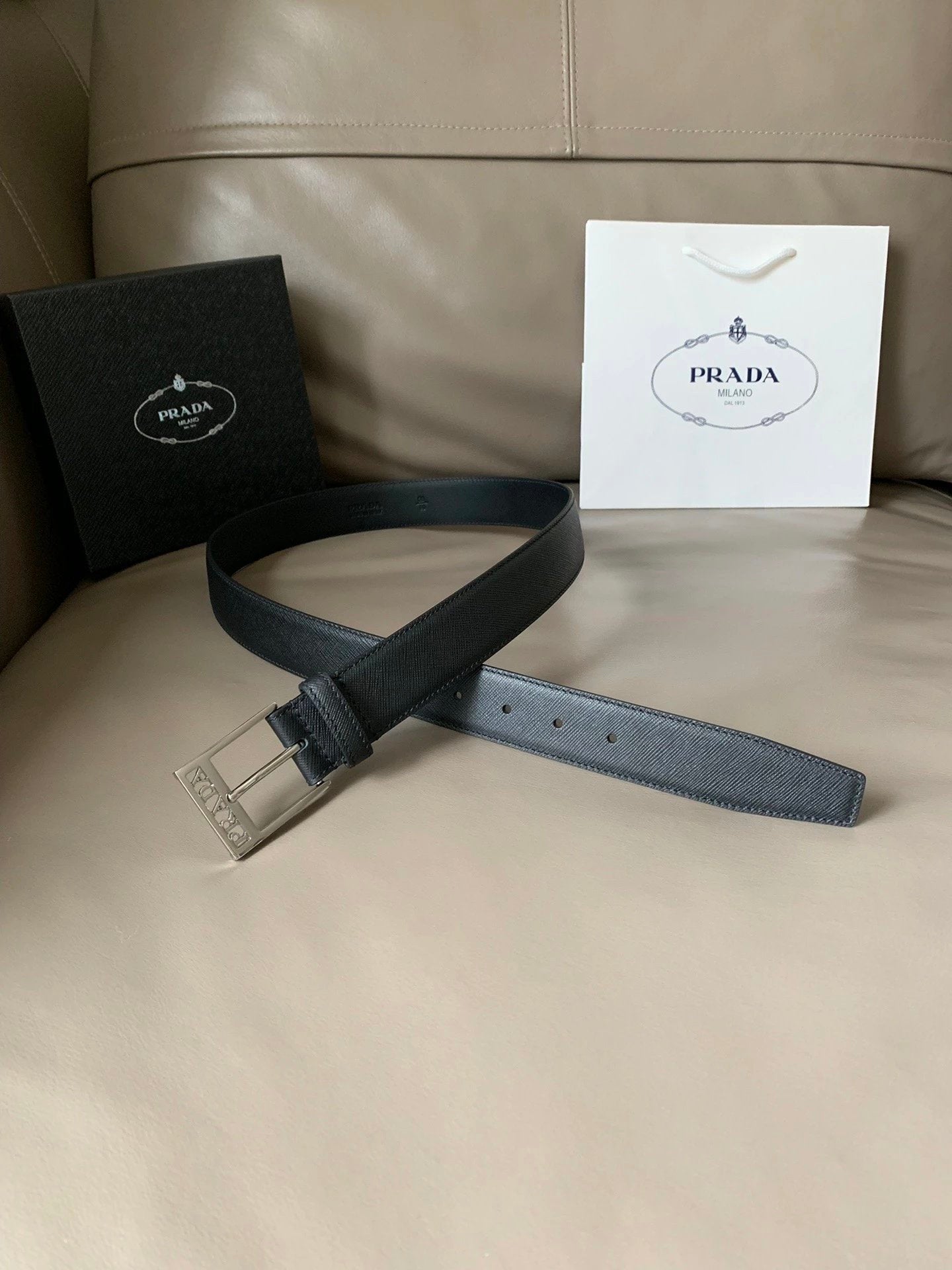 PRADA Belt Top version New Original Order Genuine Belt Men's Pin Buckle Belt Business Casual Cross Pattern Black Coffee Double-Sided Pure Original Leather Imported from Italy Cowhide Leather3.5