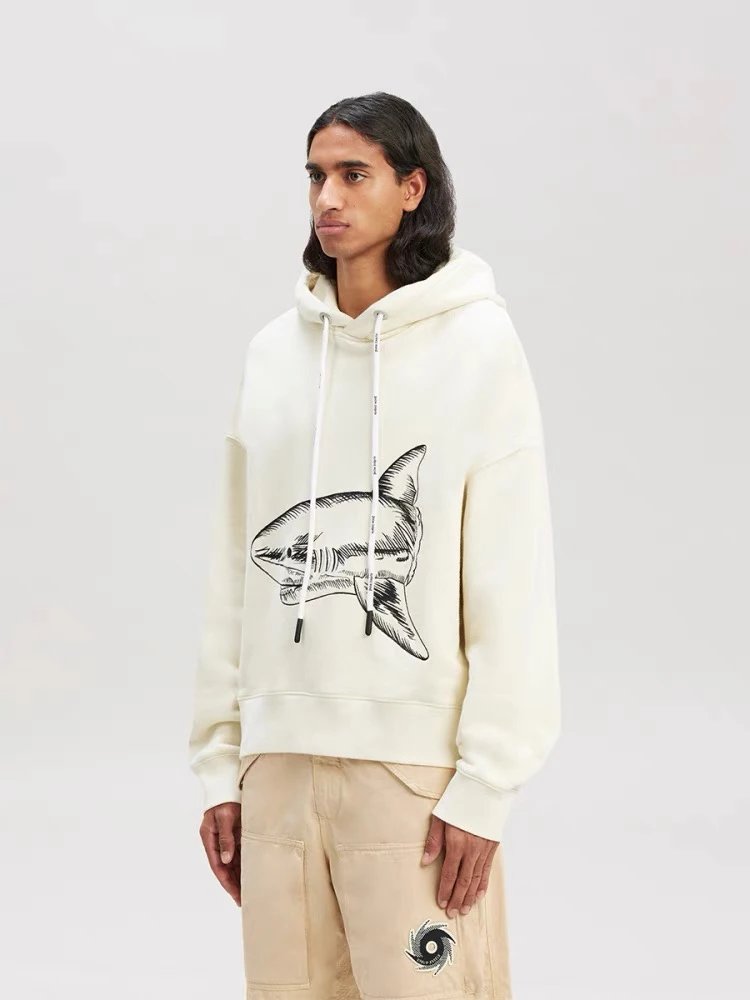 Palm Angels Hoodie Top Version Men's and Women's Same Style White Cotton Shark Loose Hooded Sweater