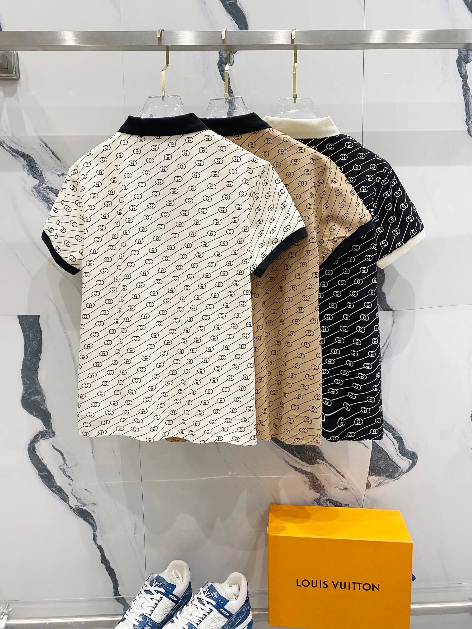 Gucci T-shirt Color-block Collar Full Print GG Alphabet Pattern LOGO Printing POLO Short Sleeve Turn-down Collar Shirt Unisex Summer Solid Color Loose Fit T Business Commuter Short Sleeve Shirt Plus Size T-Shirt