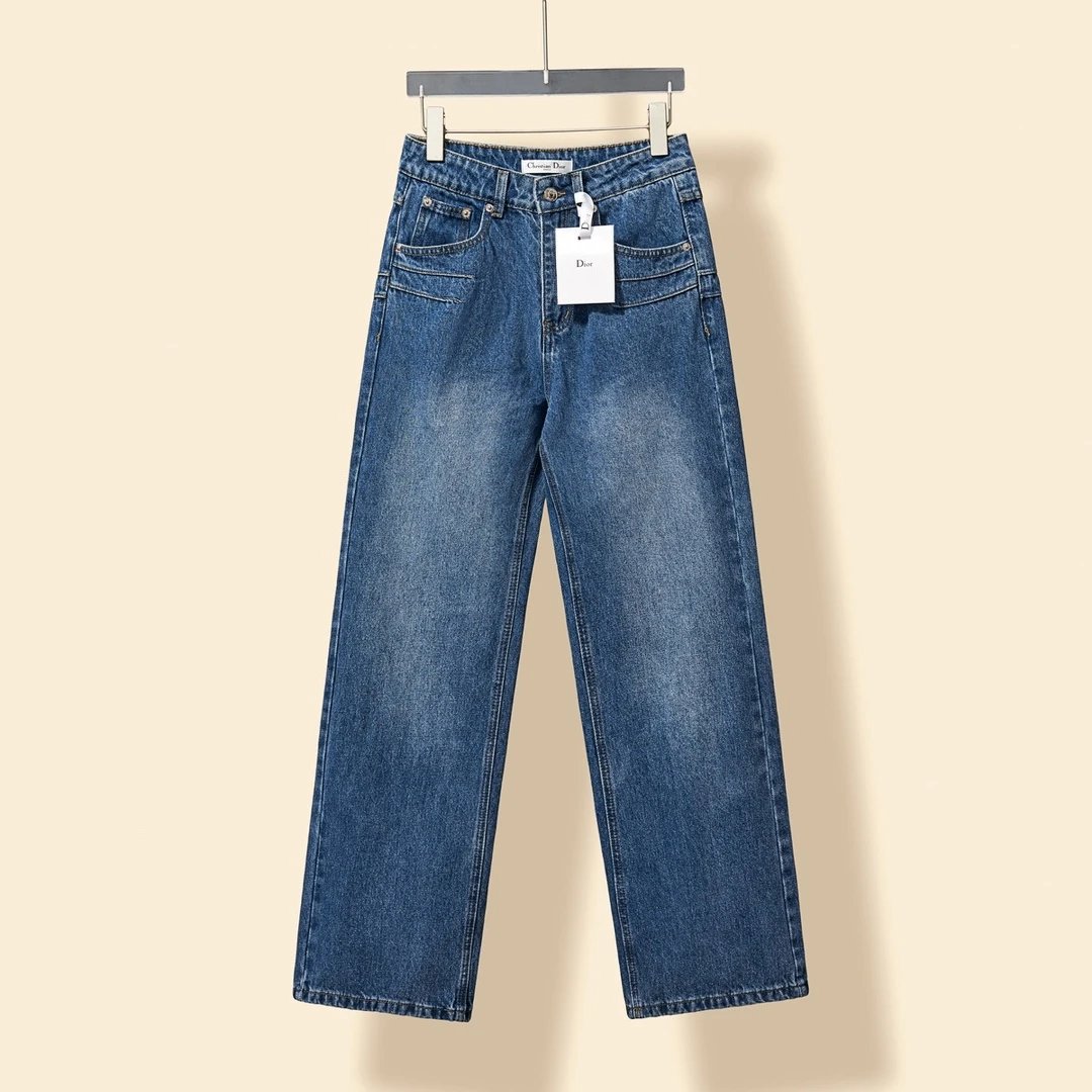 Dior Jeans Five-Pointed Star Embroidered Denim Straight-Leg Pants for Women Versatile Casual