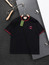 Gucci T-shirt Wine red neckline fusion double G Embroidery logo round Neck Short Sleeve25ss New Pure Cotton Unisex Style T T-shirt OS Loose Fit Base Shirt Half Sleeve T-Shirt Top Half Sleeve