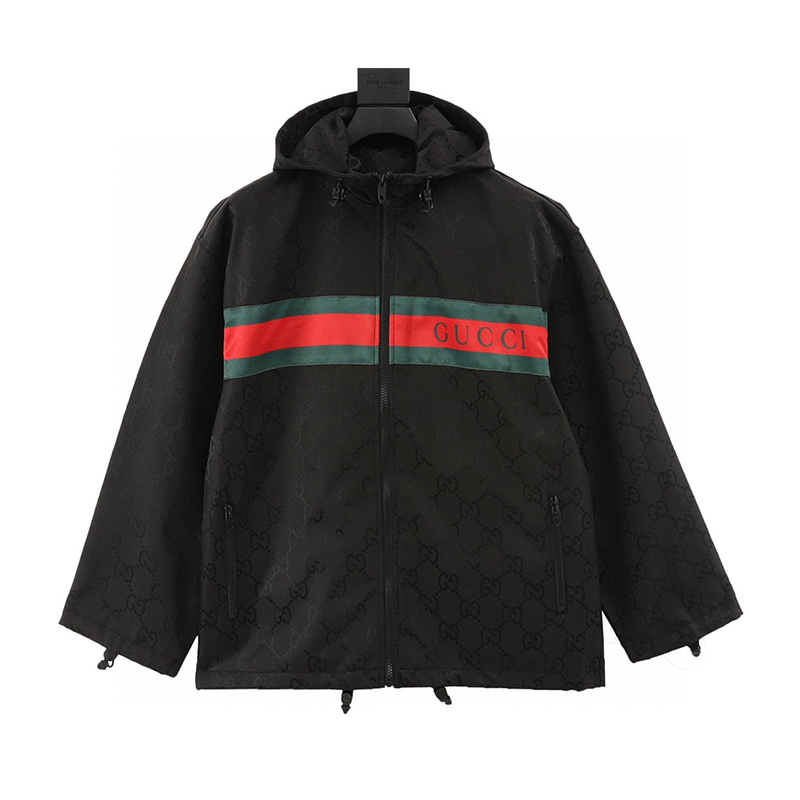 Gucci Jackets Red and Green Ribbon Windbreaker Hooded Coat for Men and Women