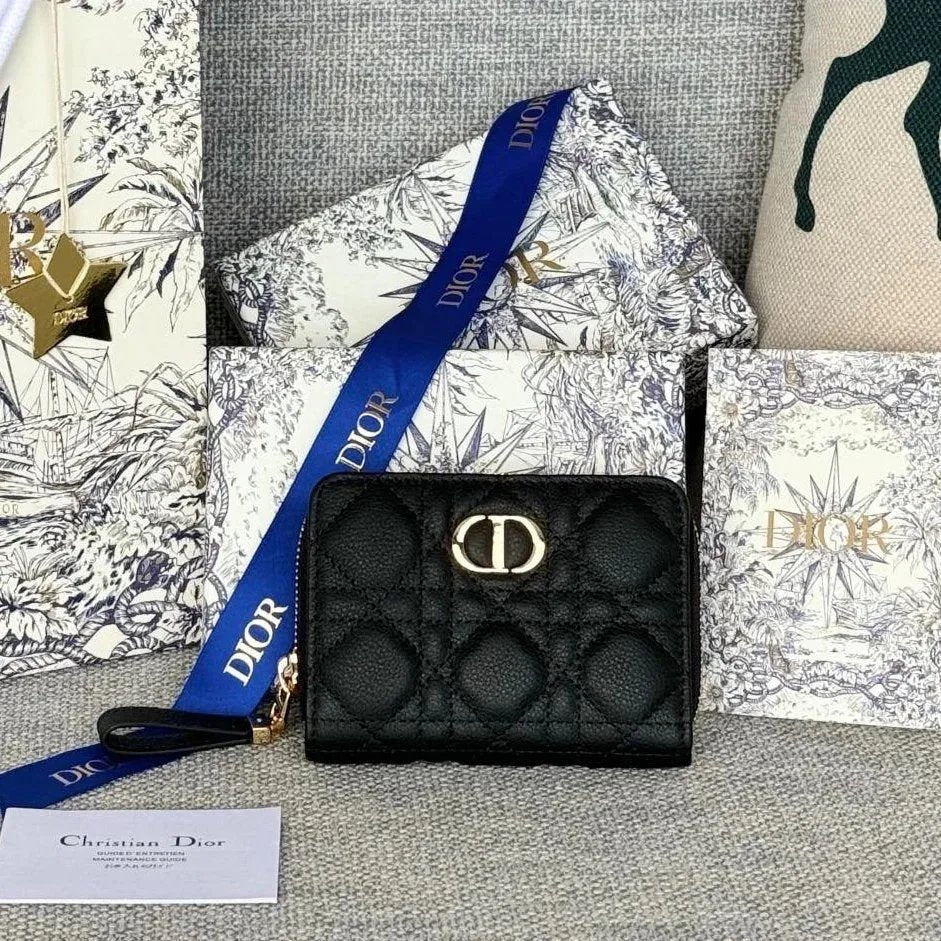 Dior Women's Bag Top version 【Highest Version Original Leather】New Ladies Card Holder CaroDandelion Card Clamp Short Wallet Wallet Zipper Wallet Men's Wallet Women's Wallet Size Applicable Wallet Coin Purse Card Holder