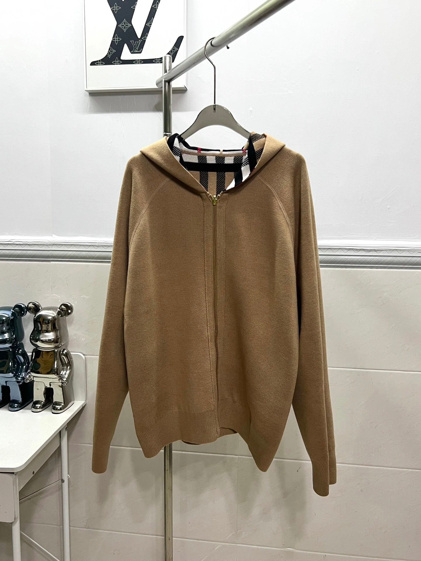 Burberry Jackets Classic Plaid Reversible Cashmere Knit Long Sleeve Hooded Jacket Jacquard