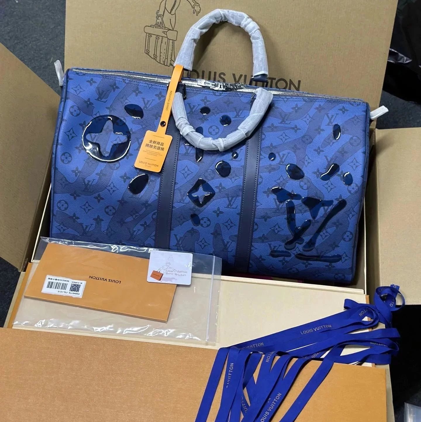 Louis Vuitton LV Travel Bag Top version 【Overseas Surrogate Shopping】M22573Blue Water Drop Ink Travel Bag keepall35Gym Bag Travel Bag Shoulder Messenger Handbag M22570Water Park Mint Green