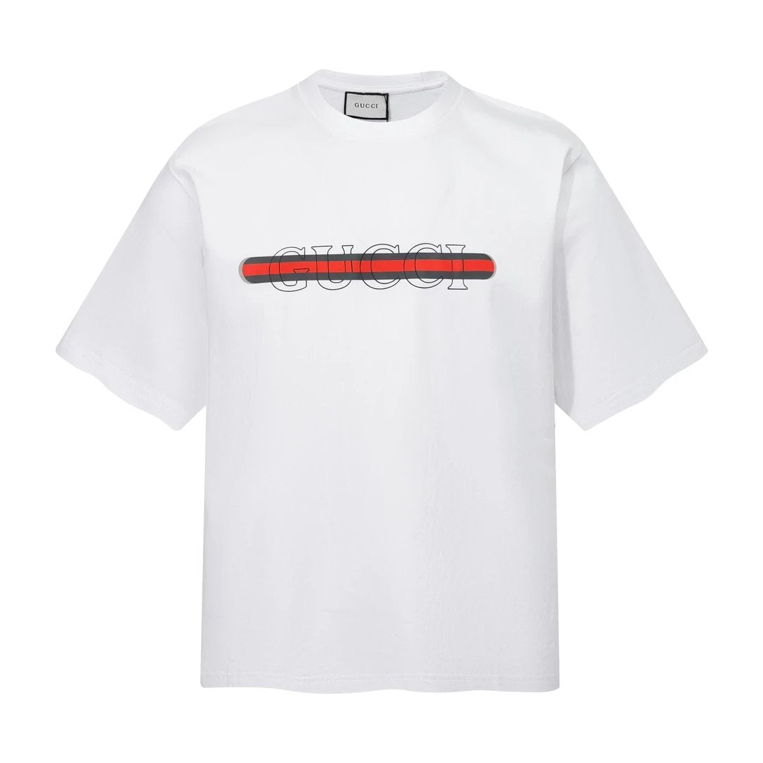 Gucci T-shirt Striped Print on the Chest logo round Neck Short Sleeve25ss New Pure Cotton Unisex Style T T-shirt OS Loose Fit Base Shirt Short Sleeve Top T-Shirt