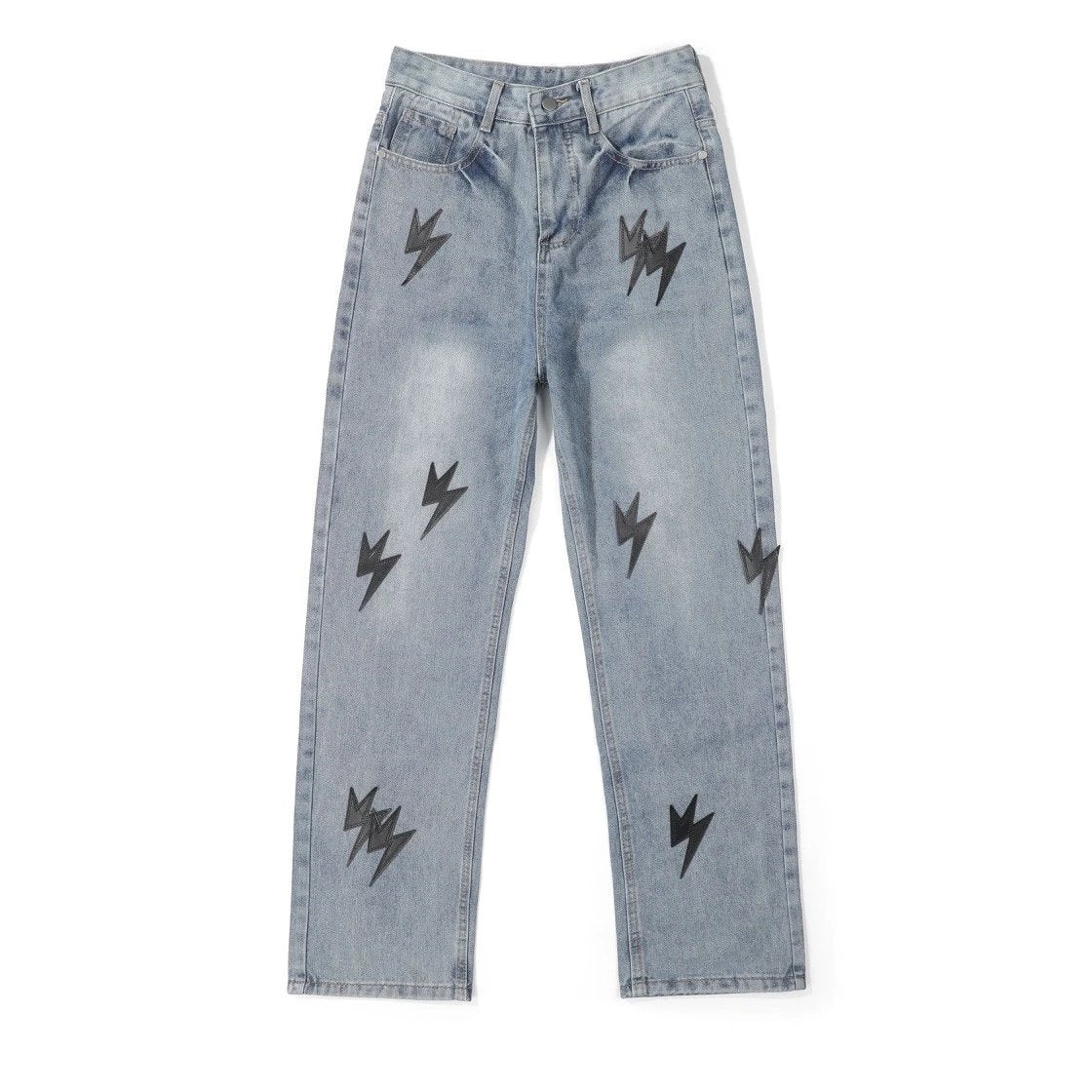 Chrome Hearts Jeans Lightning Cow Patchwork High Street Style Washed Blue Jeans Autumn Winter New Unisex Loose Casual Wide Leg High Waist Pants