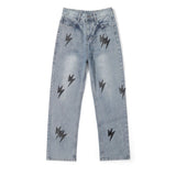 Chrome Hearts Jeans Lightning Cow Patchwork High Street Style Washed Blue Jeans Autumn Winter New Unisex Loose Casual Wide Leg High Waist Pants