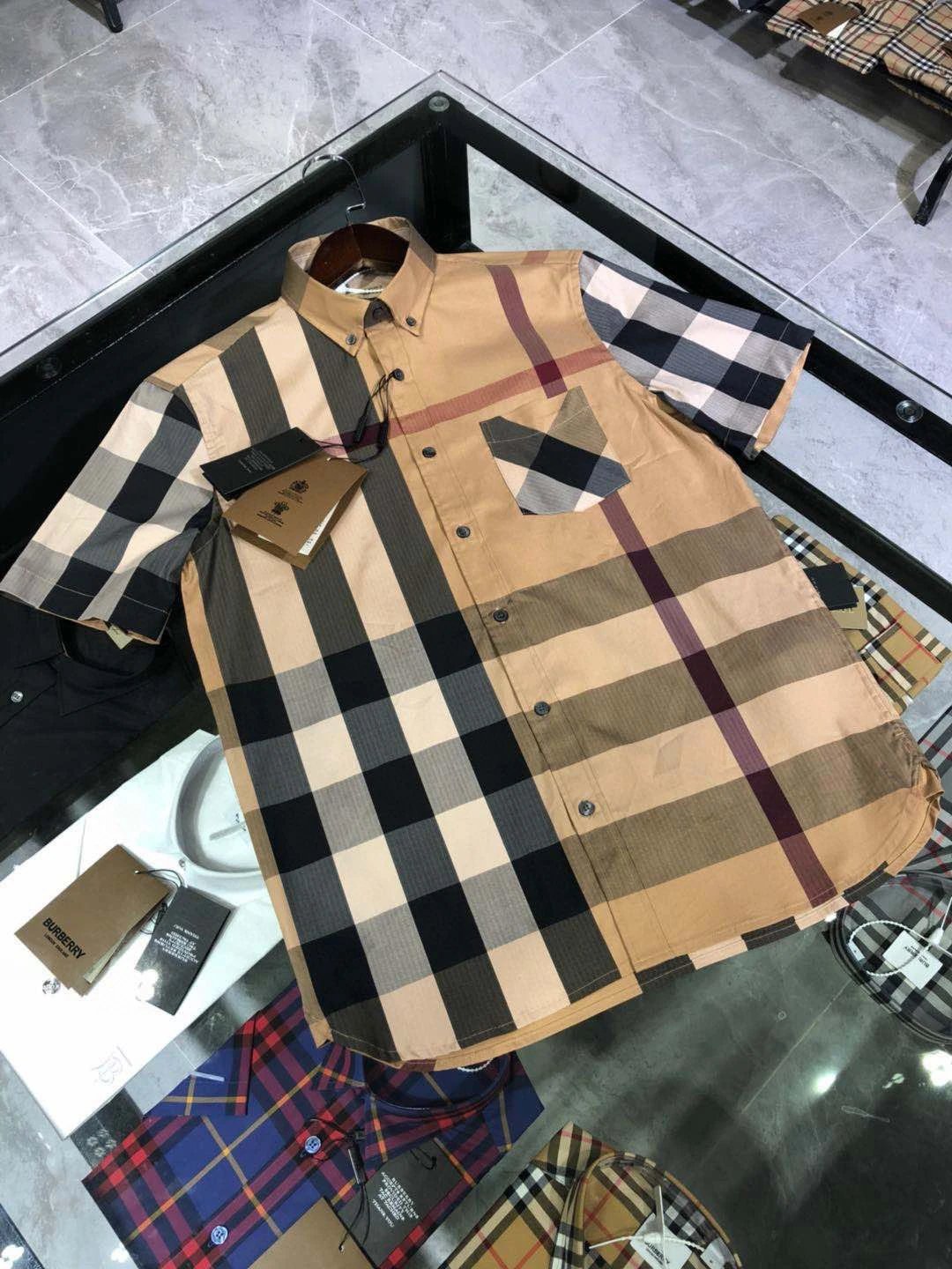 Burberry Shirt Elastic Cotton Poplin Short Sleeve Shirt25ss New Solid Color Vintage Plaid Striped Cotton Patchwork Striped Unisex Jacket Shirt Casual Business Versatile