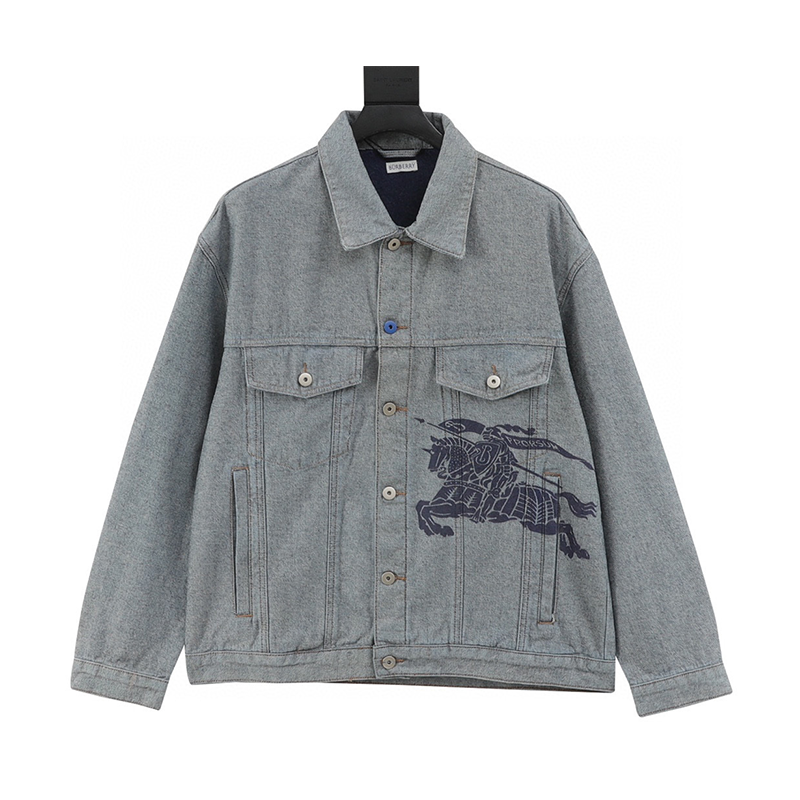 Burberry Jackets War Horse Printing Stickers Retro Washed Denim Jacket Coat Same Style for Men and Women