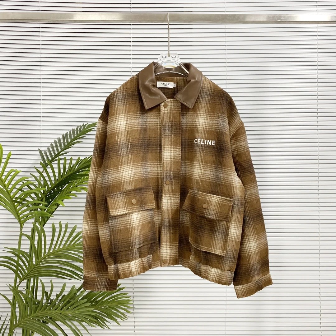 Celine Jackets Patchwork Plaid Wool Jacket Coat Unisex Winter Warm Thickened Turn-down Collar Versatile Casual Large Back logo