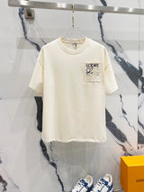LOEWE T-shirt Color matching letters LOGO Embroidered Pocket Crew Neck Short Sleeve Pure Cotton T Unisex T-Shirt OS Loose Fit Base Shirt Summer Casual Simple T-Shirt