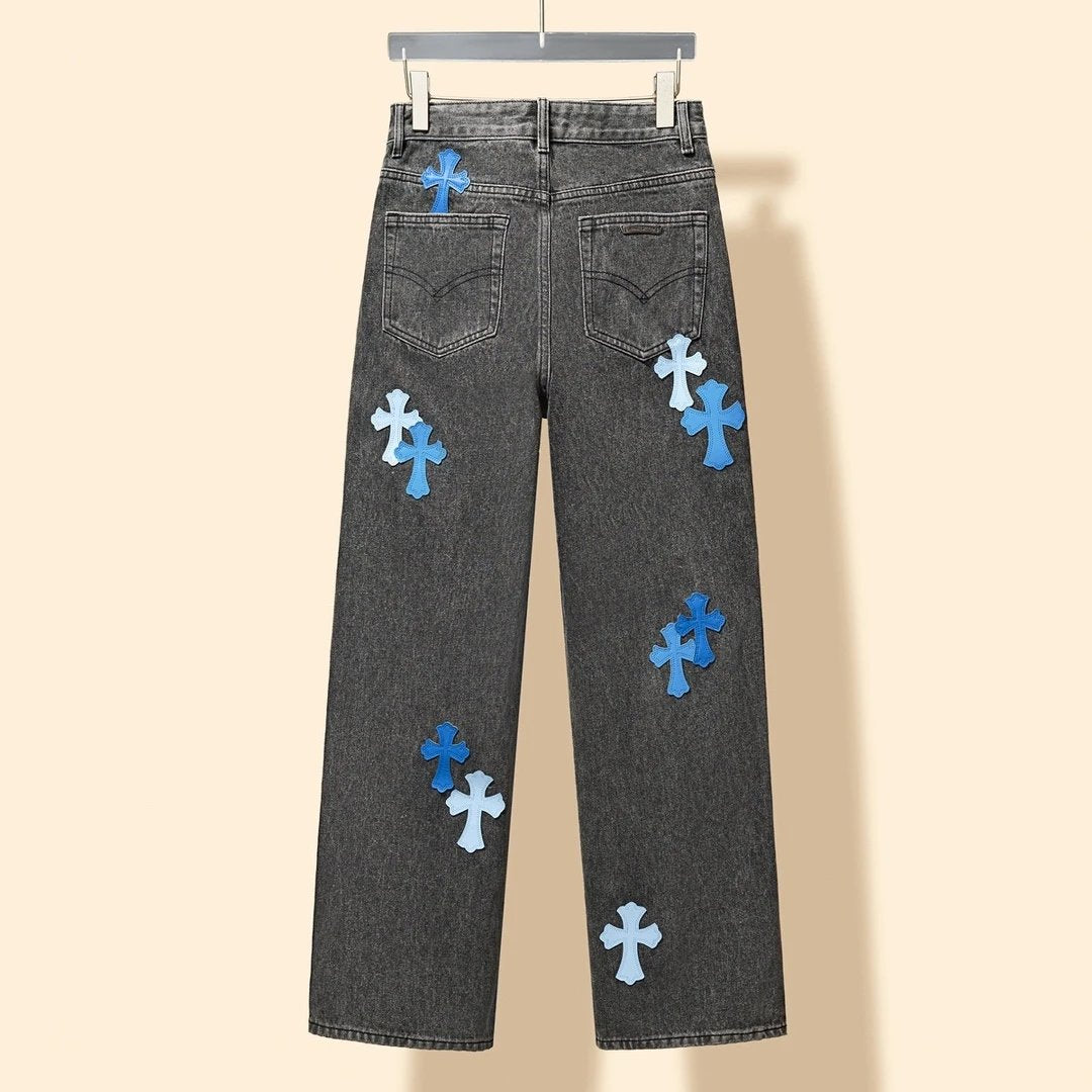 Chrome Hearts Jeans 24Classic Ice Lake Blue Matching Color Cross Denim Trousers Black Gray Wash Men and Women Same Casual Loose All-Match