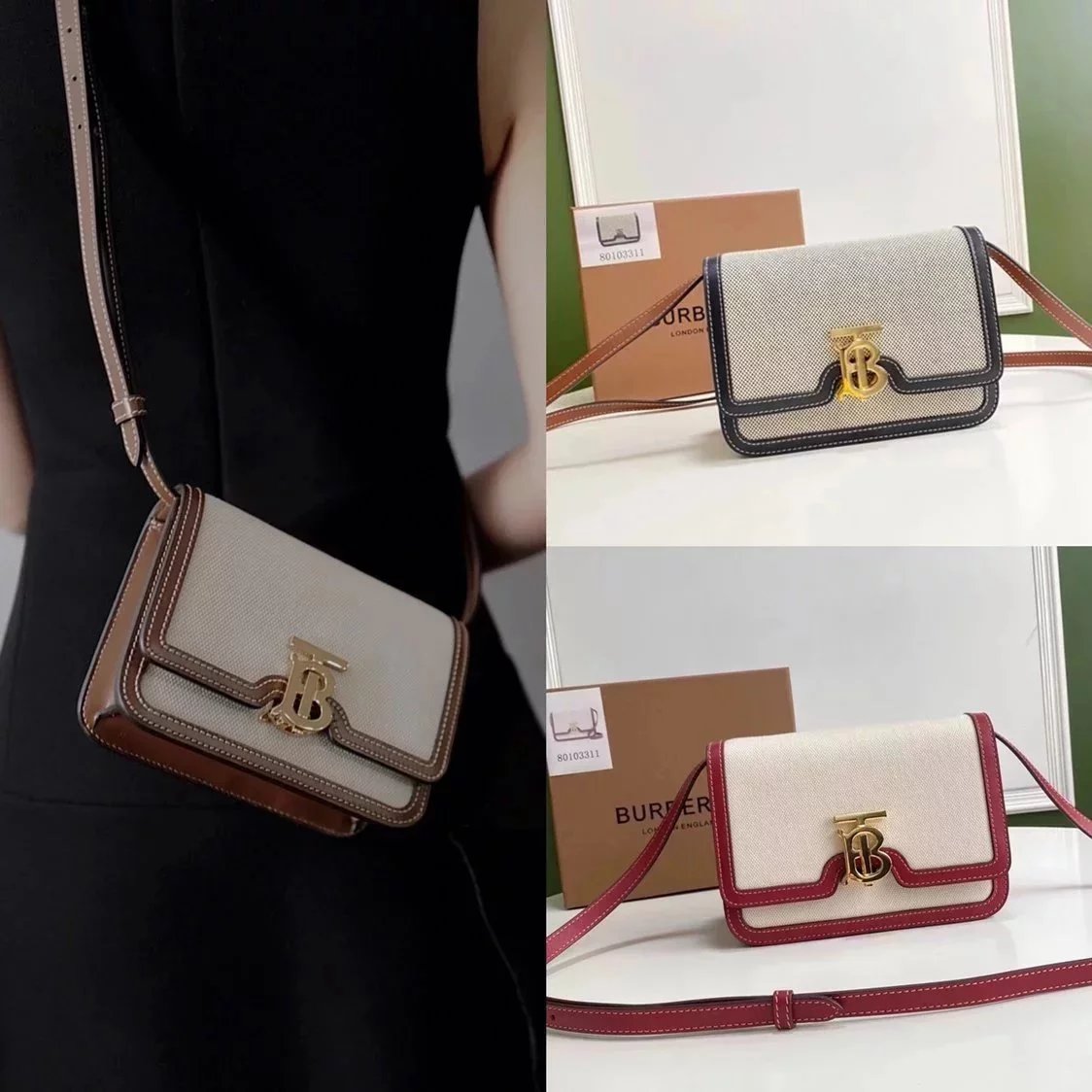 Burberry Women's Bag Top version 【Surrogate Shopping Edition】TB Bag New TB Twist Lock Bag Canvas Stitching Leather Crossbody Bag Women's Bag BOX Square Bag Stewardess Bag Box Bag Messenger Bags New Women's Bag