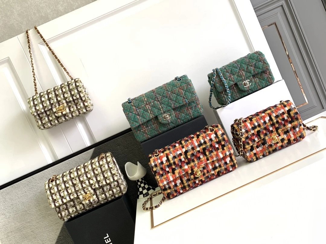 Chanel Women's Bag Top version 【Original Factory】New autumn/winter23B Coarse woolen CF Large Woolen Mouth Cover mini Houndstooth CoCo Bag Soft Woolen New Woolen Women's Bag111220cm