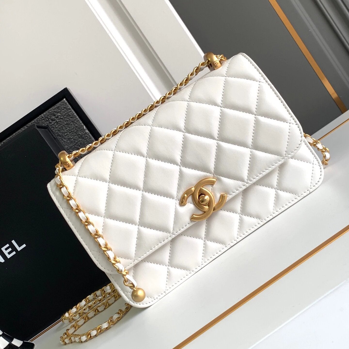 Chanel Women's Bag Top version 【**Original Leather】??????✦24C Double Golden Ball Flap Bag Double Golden Balls Chain Bag Original Factory Calf Skin Oil Wax Leather Golden Ball Square Bag2Size