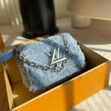 Louis Vuitton LV Women's Bag Top version TWIST Medium Handbag Woolen Type M21040Haze blue M21320Pink This Style Twist Medium Handbag Focuses on the Line of Sight with Bright Wool Leather and Then Embellish Enamel for Double Chain Monogram Floral Chain and