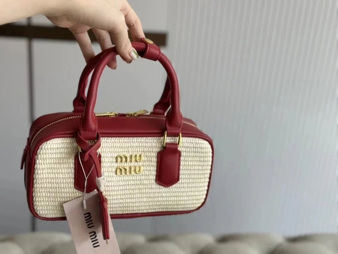 Miu Miu Bag Top version Women's Bag2024Spring and Summer New Retro Lafite Straw Bag Bowling Bag Seaside Vacation Beach Bag Woven Leather Patchwork Boston Pillow Bag Handbag Shoulder Messenger Bag