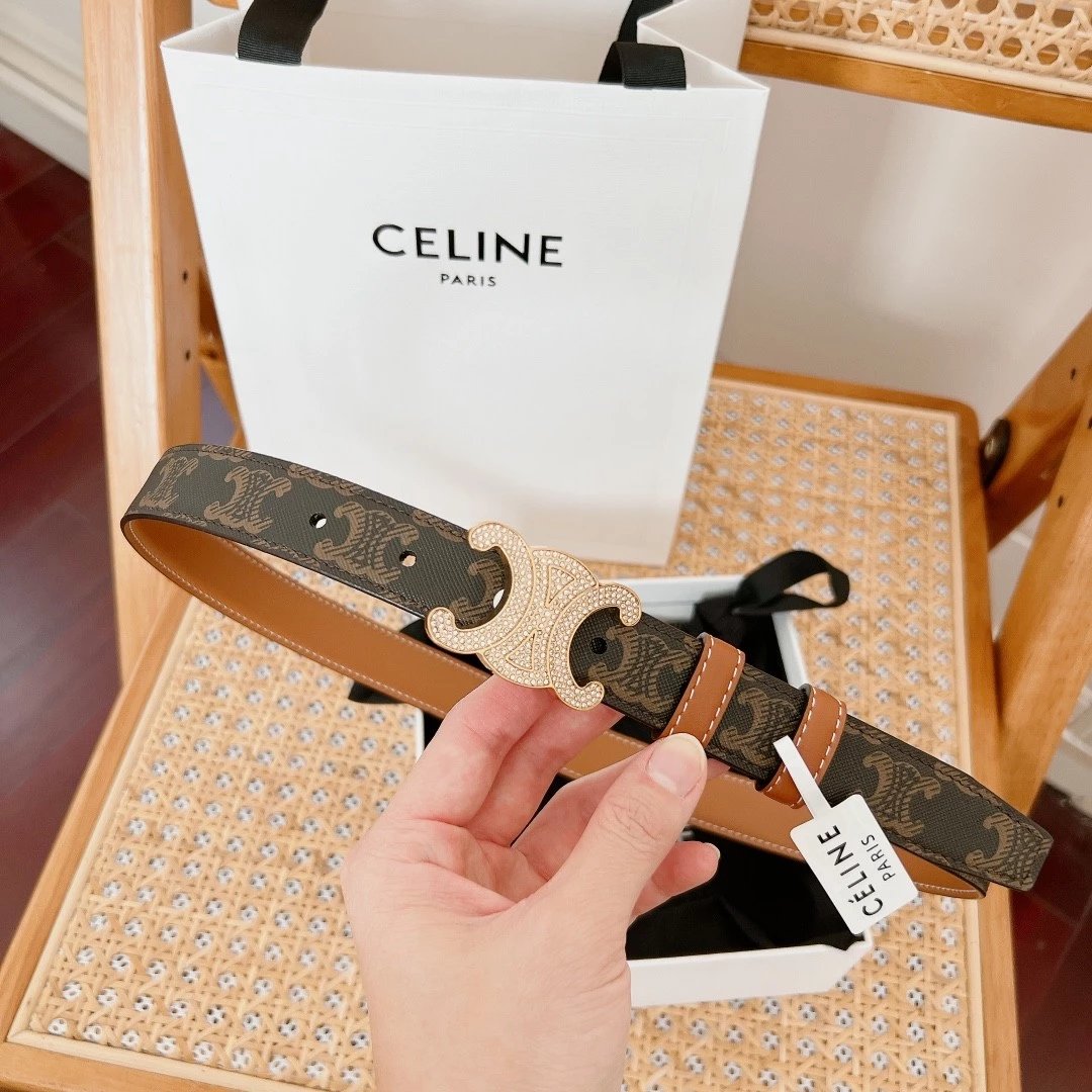 Celine Belt Top version Original Order in Stock Classic Triumph Door Latch Women's Belt Italy Imported Double-Sided Calfskin Retro Bright Gold Brass Buckle Belt Women's Width2.5Belt Female Women's Belt
