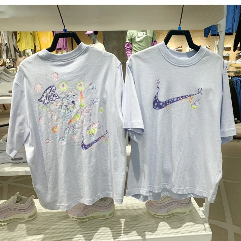 Nike Ladies T Summer round Neck Back Label Sports Loose Large Hook Graffiti Printing Short Sleeve FD9315