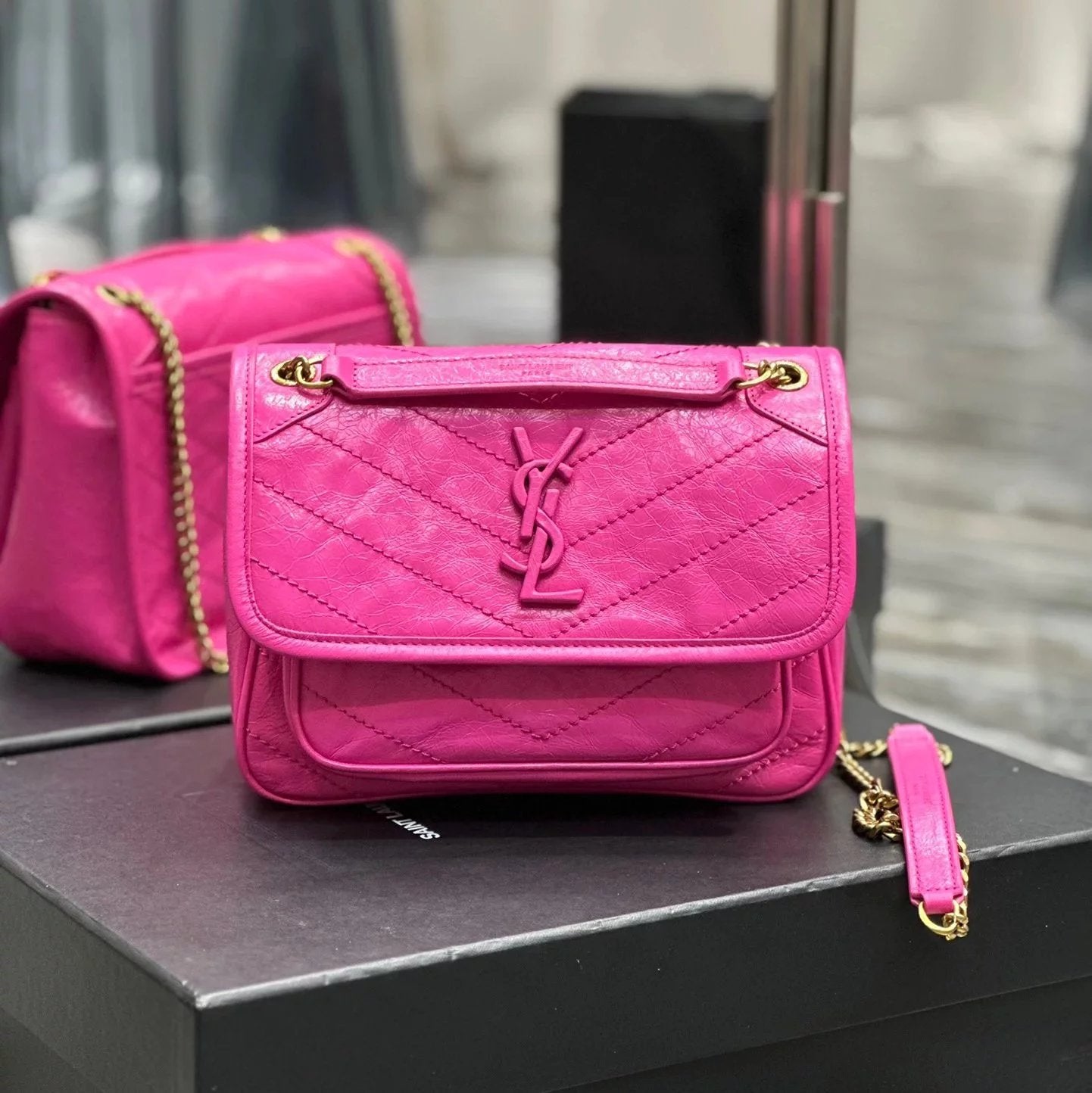 YSL Women's Bag Top version 【Premium Version】Classic hot selling product nikibaby_New Version Latest Color Matching niki Bag Fluorescent Green Barbie Pink Hobo Bag Shoulder Bag Messenger Bag New Niki Women's Bag New Version D Buckle Adjustment niki Medium