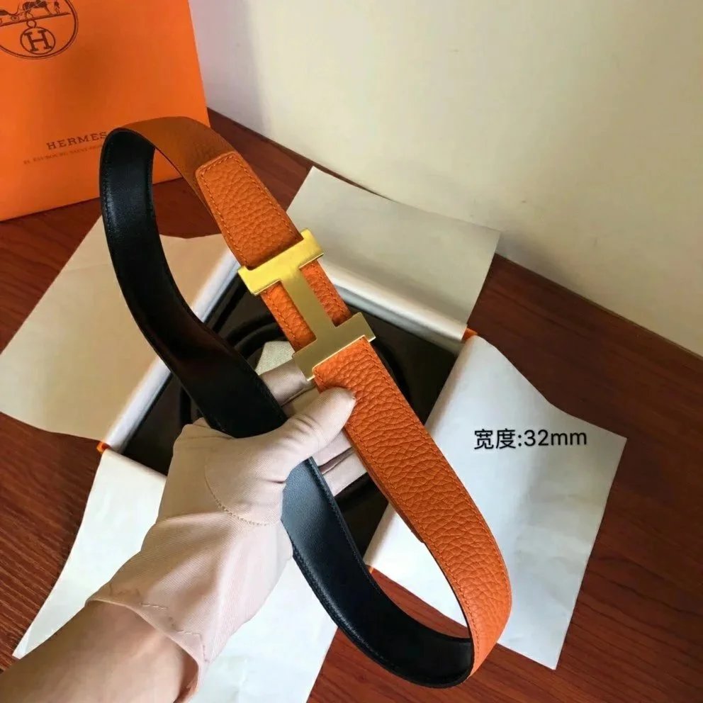 Hermes Belt Top version Men's Leather Belt Genuine Leather Casual Versatile Business Casual Belt Litchi Grain Cowhide Double-Sided Belt3.2cm