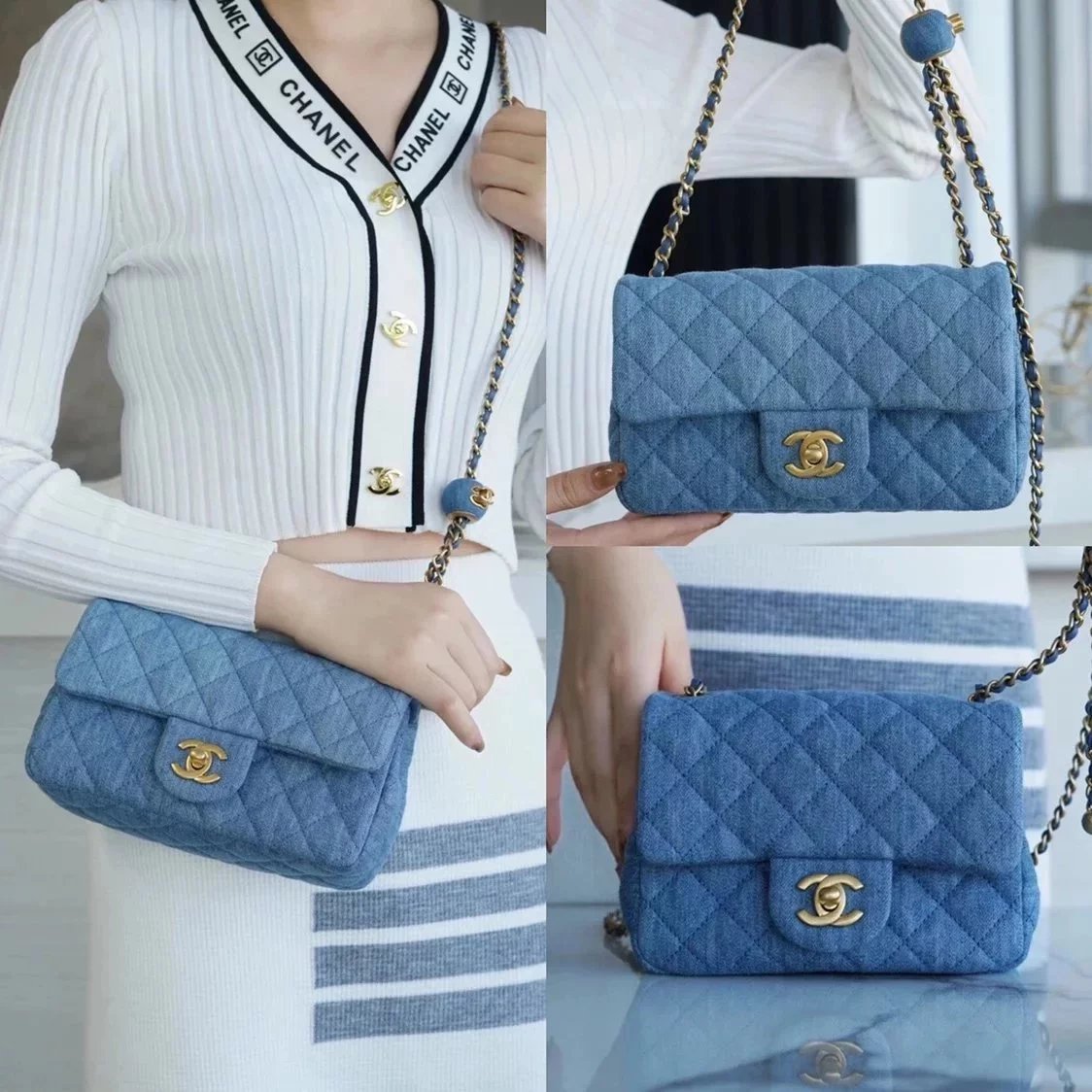 Chanel Women's Bag Top version 【Original Denim】2022Early Spring Vacation Series Denim miniCF/Square Fat Small Golden Balls Chain Shoulder Messenger Bag