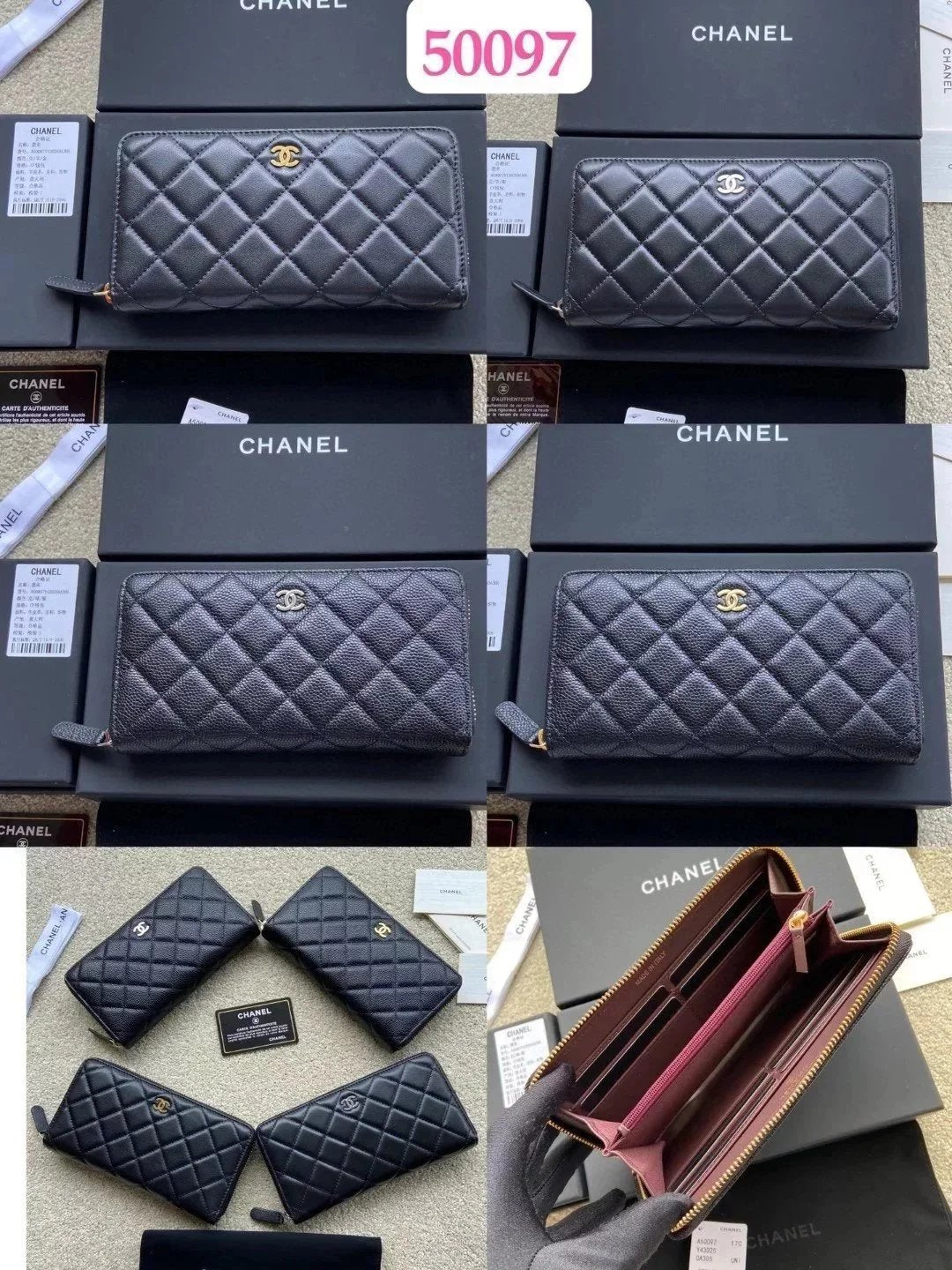 Chanel Wallet Top version Mid-Length Zipper Wallet Clutch Clutch Bag Double CC Home Wallet Wallet Women's Wallet Card Holder Imported Italian Particle Calfskin Sheepskin Size:w19.5×h10.5×d2cm Color：Black Ball Pattern Hair Silver Steel Hair