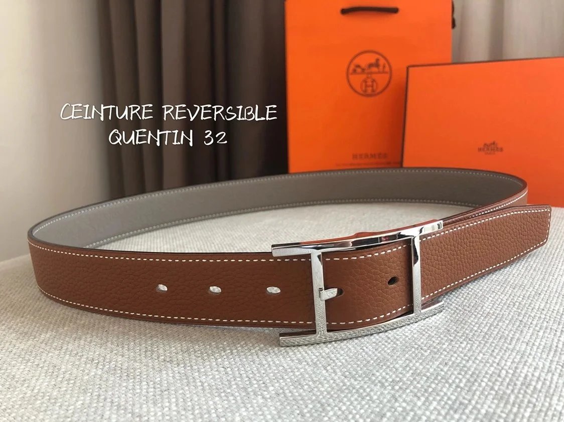 Hermes Belt Top version Double-Sided Imported First Layer Cow Leather Belt Double-Sided Available Genuine Leather for Men and Women Belt Business Casual All-Match Pant Belt3.2Centimeter Wide