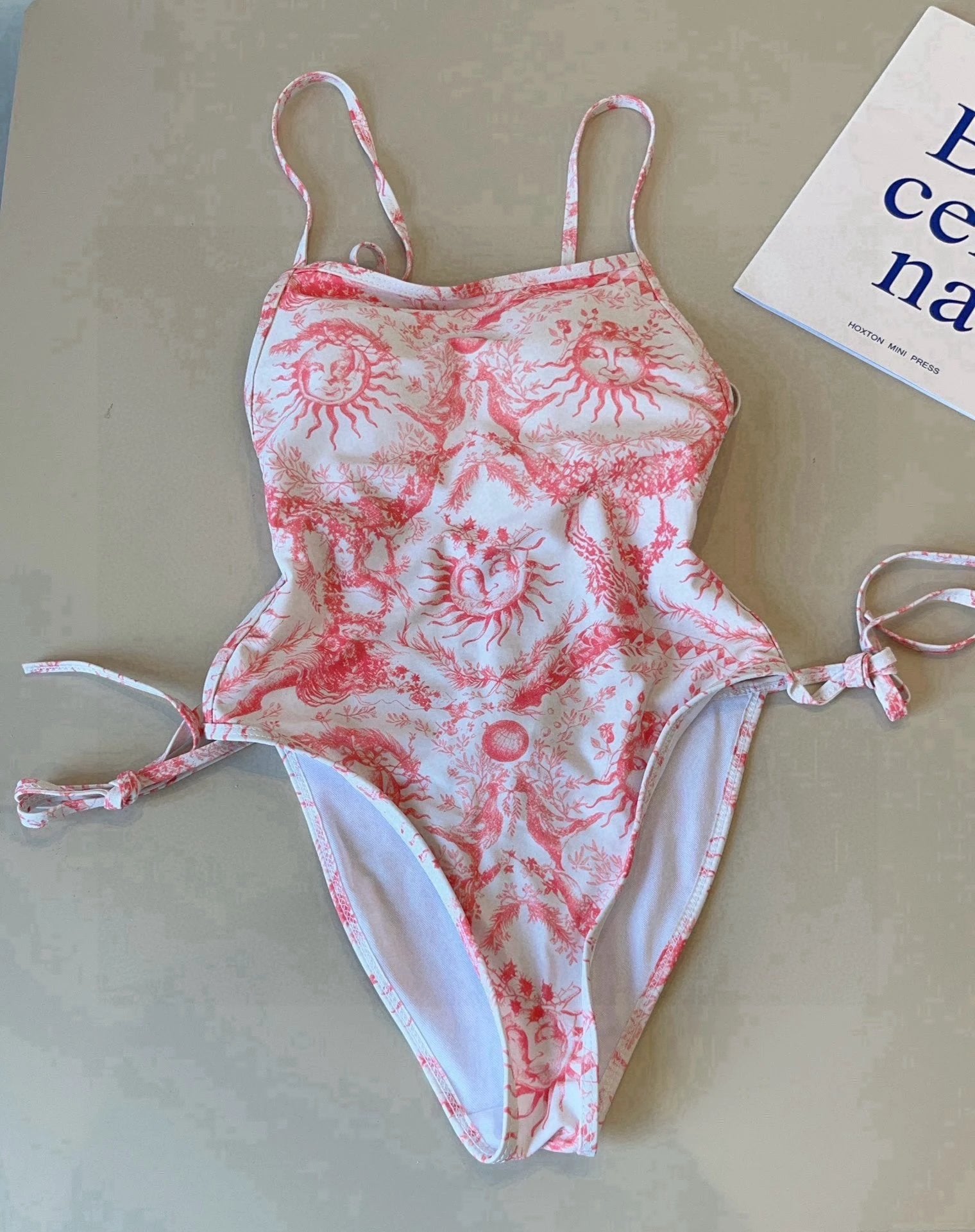 Dior Swimsuit Full Print Sun Pattern Bikini One-Piece Swimsuit Sexy Beach Pool Vacation Hot Spring Small Chest Gathered Backless White Women's Swimwear