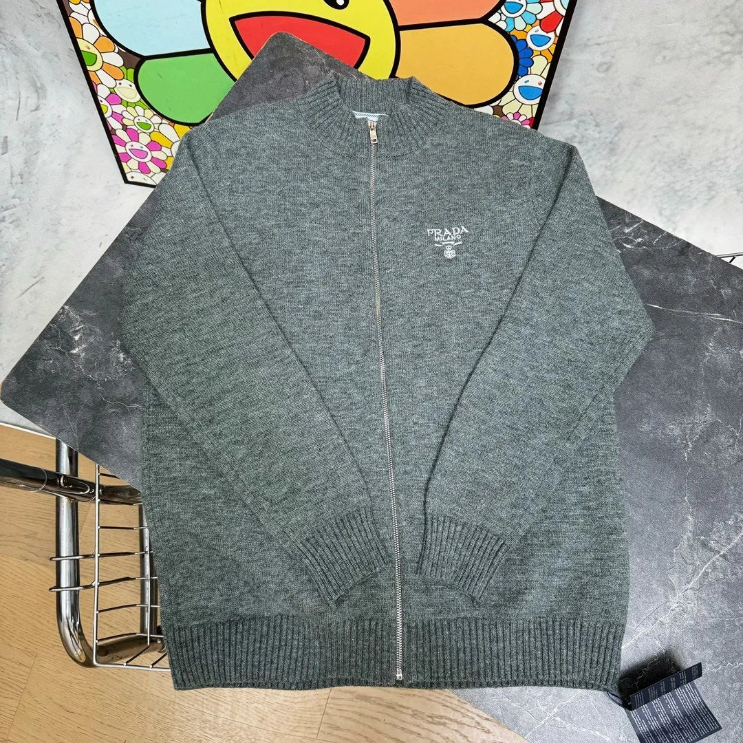 PRADA Sweater Letter Small Logo Embroidered Knit Jacket Casual Loose Zipper Sweater Jacket Unisex os Knitted Baseball Jacket24ss Autumn and Winter New Products