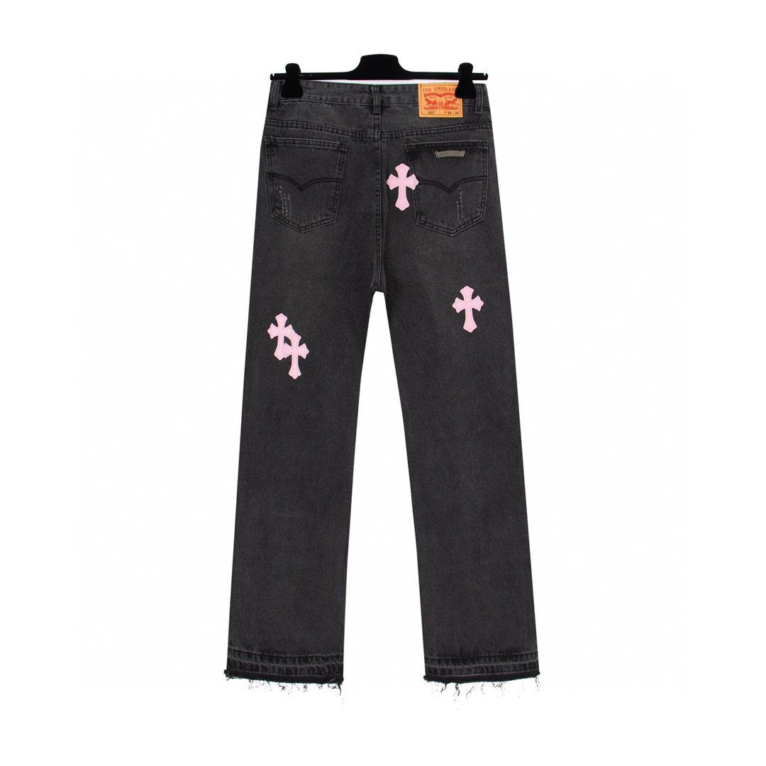 Chrome Hearts Jeans Front and back pink cross stitching leather logo25ss Spring Summer New Straight Slim Fit Jeans Unisex Loose Fit Long Pants