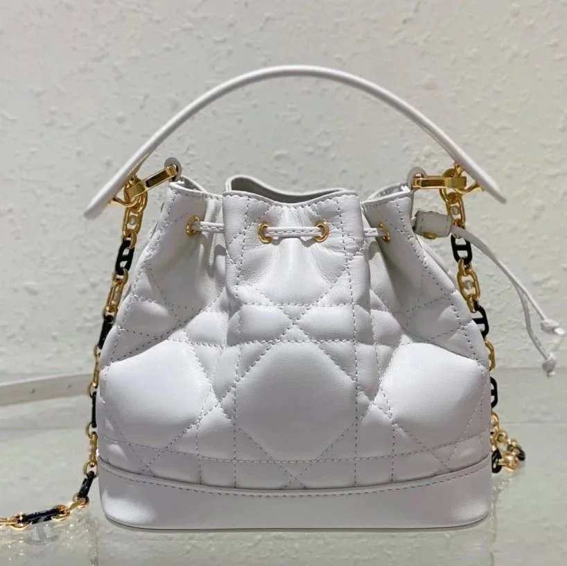 Dior Women's Bag Top version 【Original Leather Premium Version】Dijia2024New Jolie Bucket Bag Hand-Carrying Bucket Bag Pearl Chain Bag Two-Tone Letter Chain Crossbody Bag Small Bucket Bag