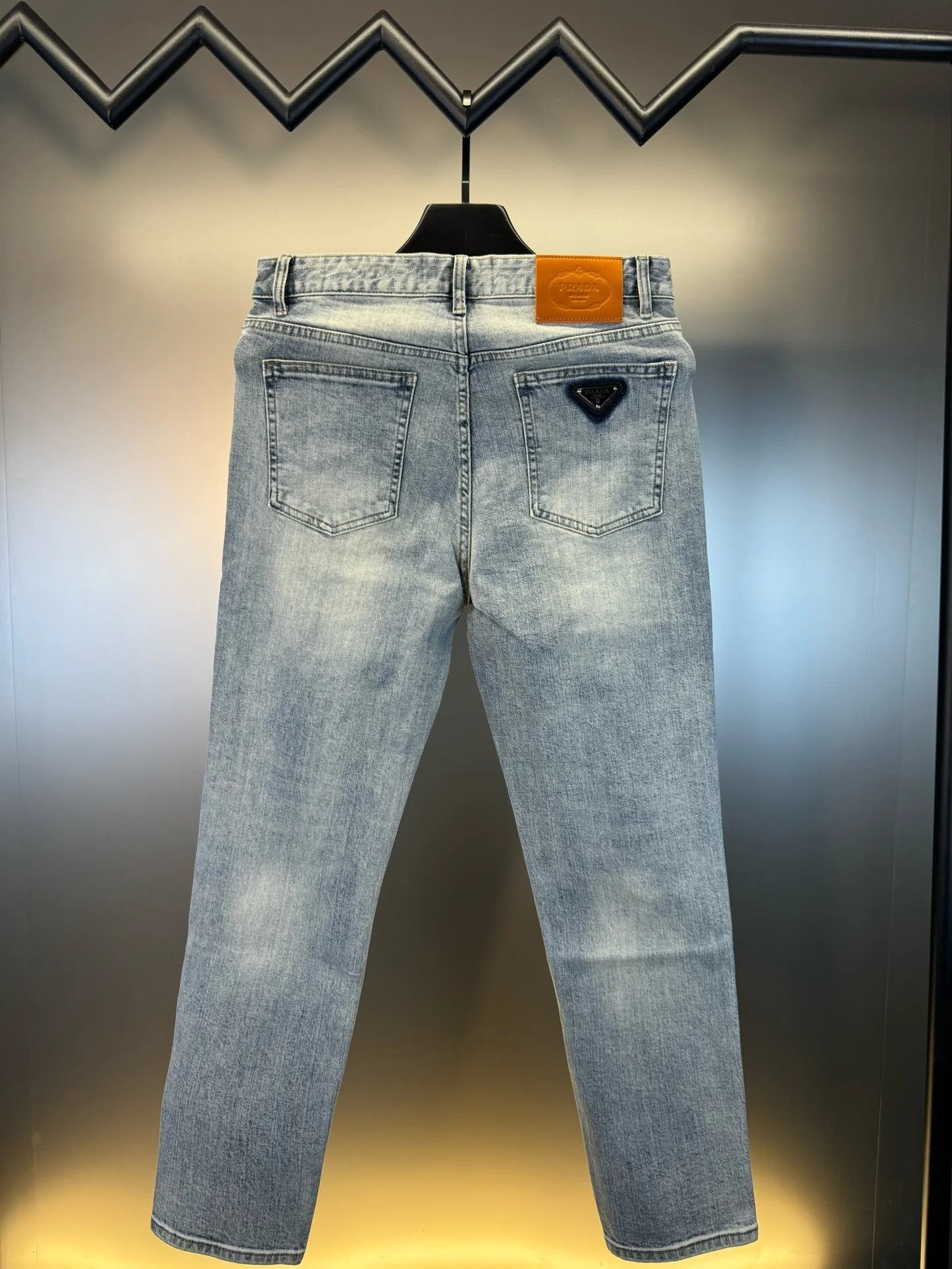 PRADA Jeans Washed Black Label logo Washed Blue Jeans Autumn Winter New Unisex Straight Long Pants Loose Casual Wide Leg High Waist