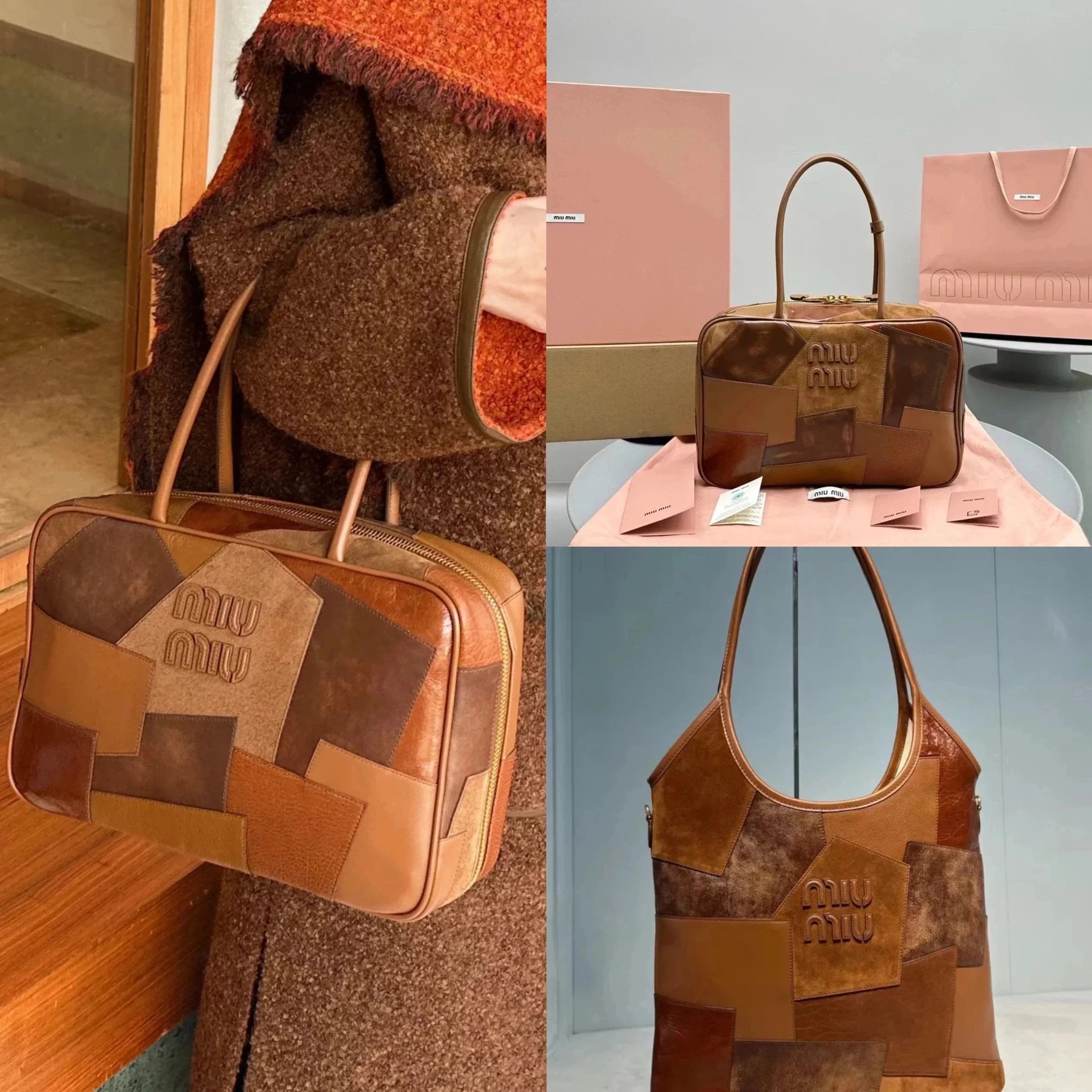 Miu Miu Bag Top version 【Super Original Leather】24ss Show Style Leather Patchwork Briefcase Patch Portable Travel Bag Men's and Women's Bags5BB117Stitching Patch Briefcase Men's Handbag New Isidan Limited Leather Patchwork Tote Bag Patch Tote Bag Backpack