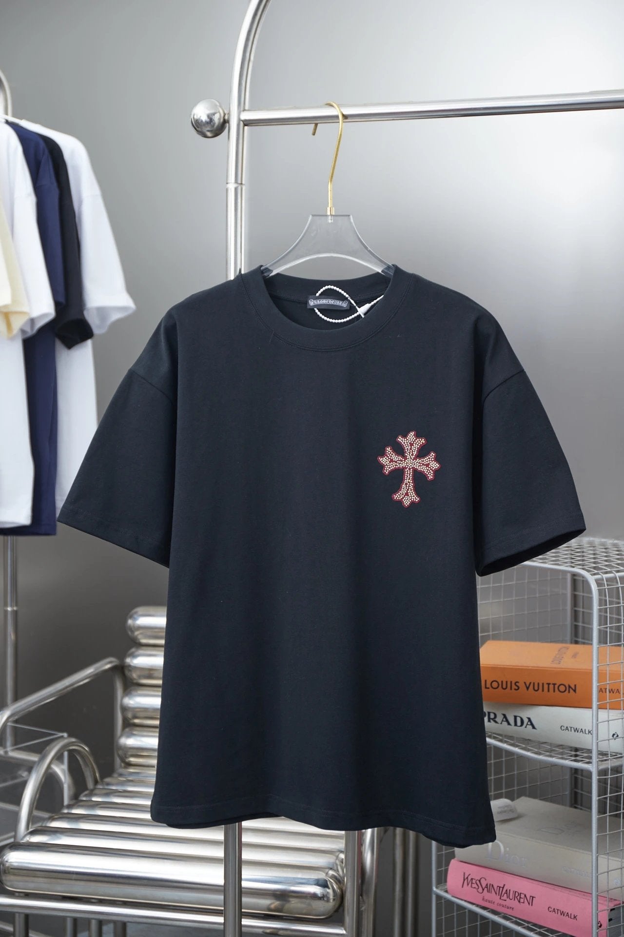 Chrome Hearts T-shirt 25SS Early Spring New Style Horseshoe Flocking Thick Version Rhinestone Round Neck Short Sleeve Pure Cotton Unisex T T-shirt OS Loose Fit Base Shirt Short Sleeve Top T-Shirt