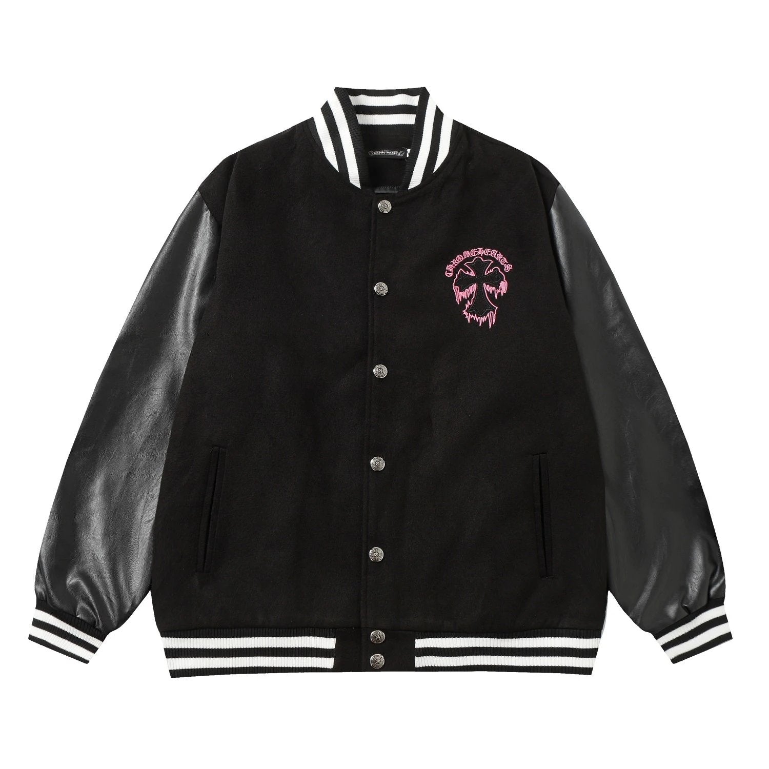 Chrome Hearts Jackets Patchwork Leather Baseball Jacket Black and White Color Block Short Coat Towel Embroidery American Style Letters Unisex Street Style Padded Thickened Jacket