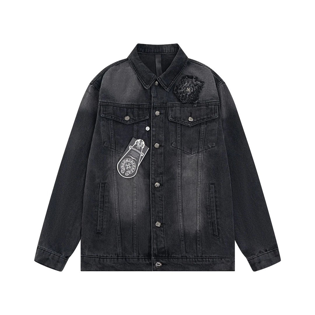 Chrome Hearts Jeans Classic Horseshoe Embroidered Denim Coat Fashionable Simple Heavy Casual Short Men and Women Same Style Washed Distressed Polo Collar Jacket